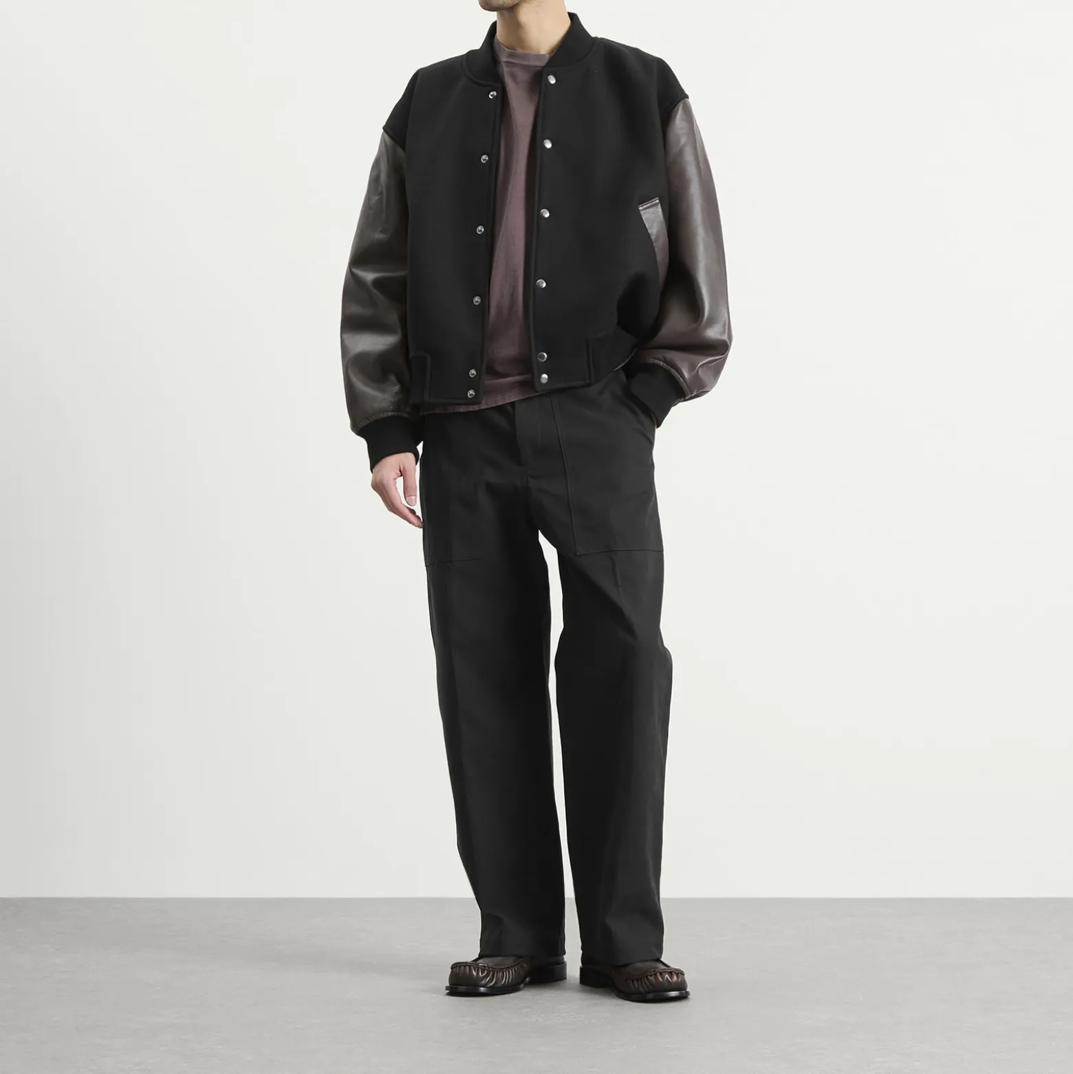 Studio Nicholson Alph Leather Wool Varsity Bomber Jacket