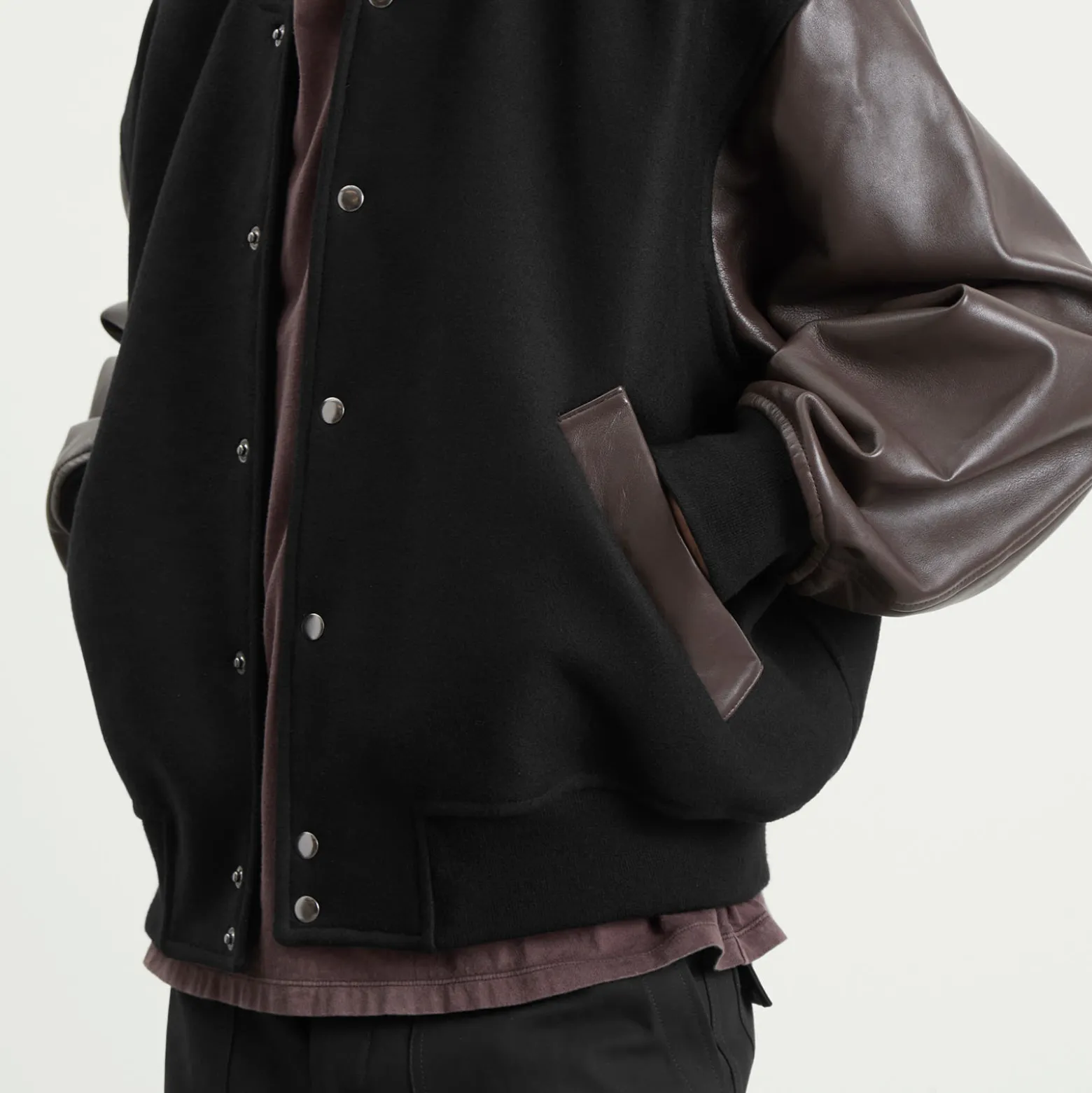Studio Nicholson Alph Leather Wool Varsity Bomber Jacket